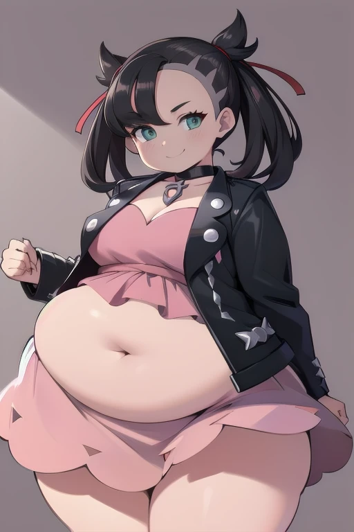 (masterpiece, best quality), 1girl, pan,1girl,solo,short hair,bangs,black hair,orange headband,black eyes,  belt,crop top,red jacket,crop jacked,green shorts,turtleneck,bbw, plump, large belly, large breasts, large thighs, love handles, wide hips, weight gain,