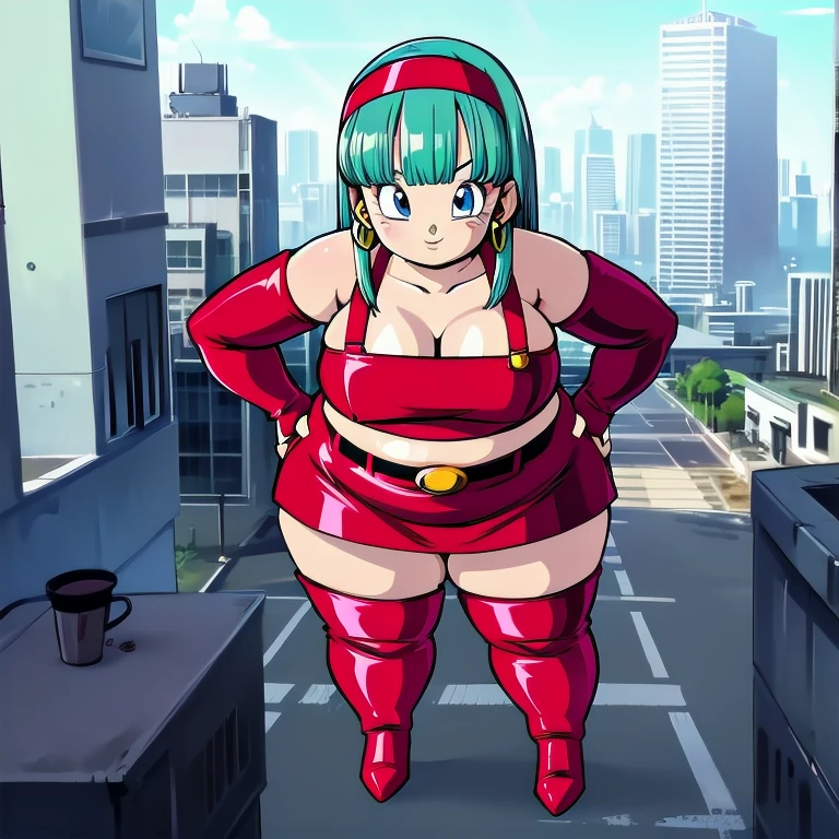 masterpiece, high quality, absurdres, highres, 
bulla, 1girl, solo, long hair, straight hair,  blunt bangs,  aqua hair, blue eyes, eyelashes,
red hairband, elbow gloves, red gloves, fingerless gloves, red crop top, midriff, bare shoulders, belt,  hoop earrings,  bridal gauntlets, red skirt, thigh boots, red footwear,
selfie, from above, 
city, sunlight, 
 bbw, plump, large belly, large breasts, large thighs, love handles, wide hips, weight gain,