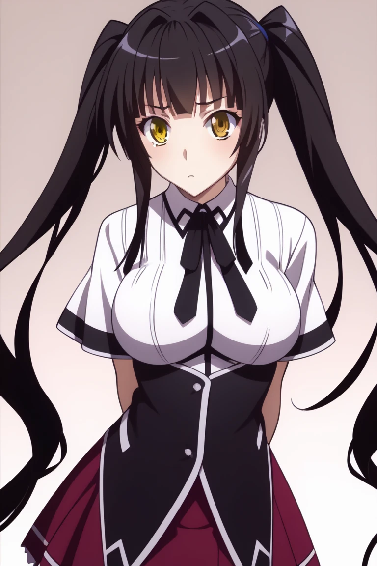 nsfw,nude,best quality, masterpiece, highres, score_9, score_8_up, score_7_up, source_anime,high school dxd,nurakami,dark brown hair,(( medium hair)), ((twin tails)),hair ribbon,yellow ribbon, yellow eyes,( shocked),((blunt bangs)), ****,big breasts,破れた服,white simple background, 