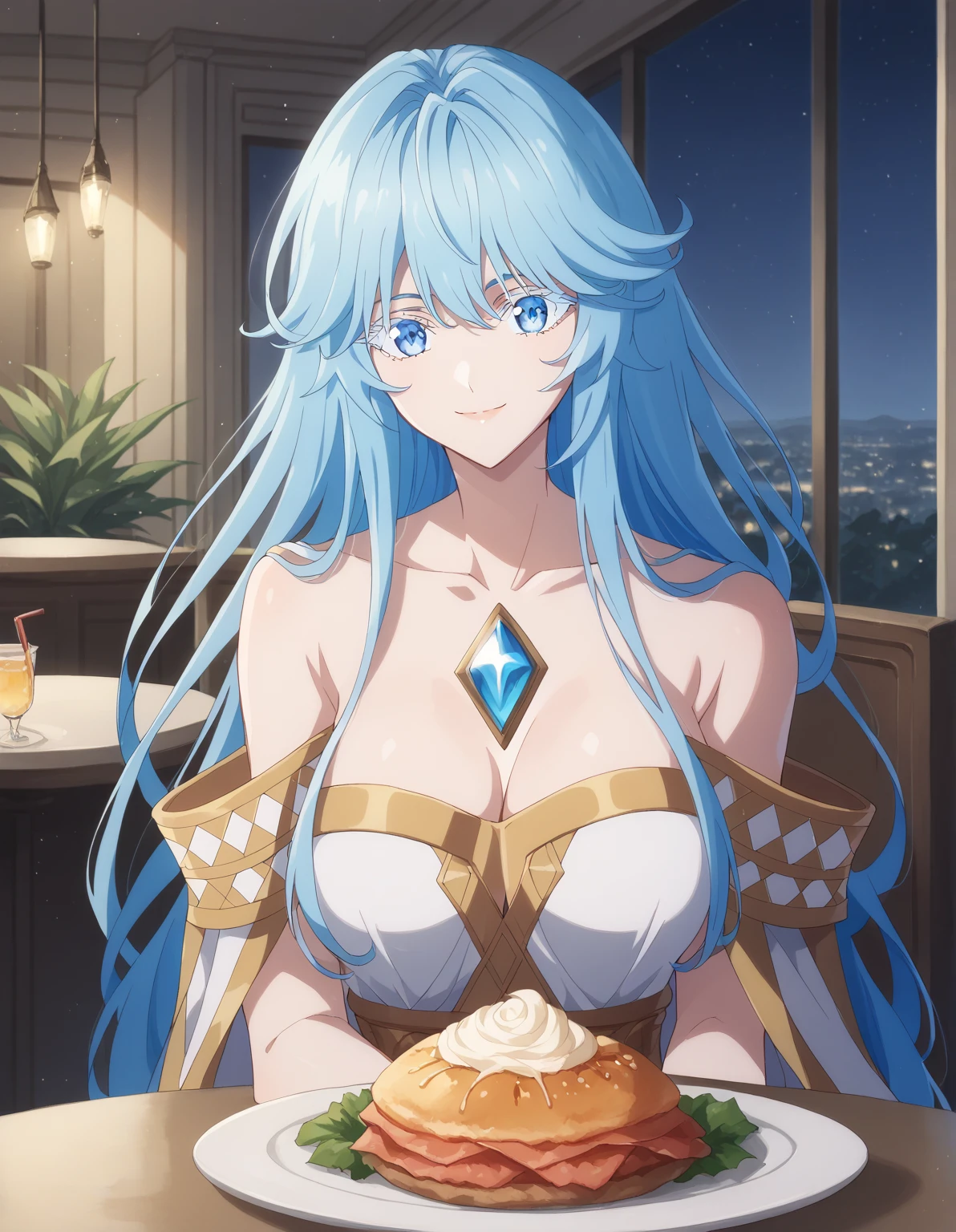 score_9, score_8_up, score_7_up, rating_safe, CONCEPT_PovDating_ownwaifu, solo,1girl,elfaria albis serfort, long hair, blue hair, blue eyes, colored eyelashes, sidelocks, medium breasts, looking at viewer, indoors, pov across table, sitting, upper body, chair, pov dating, Smile sweetly, night, restaurant, drinks, foods, dishes, luxurious dress, deep cleavage, bare shoulder