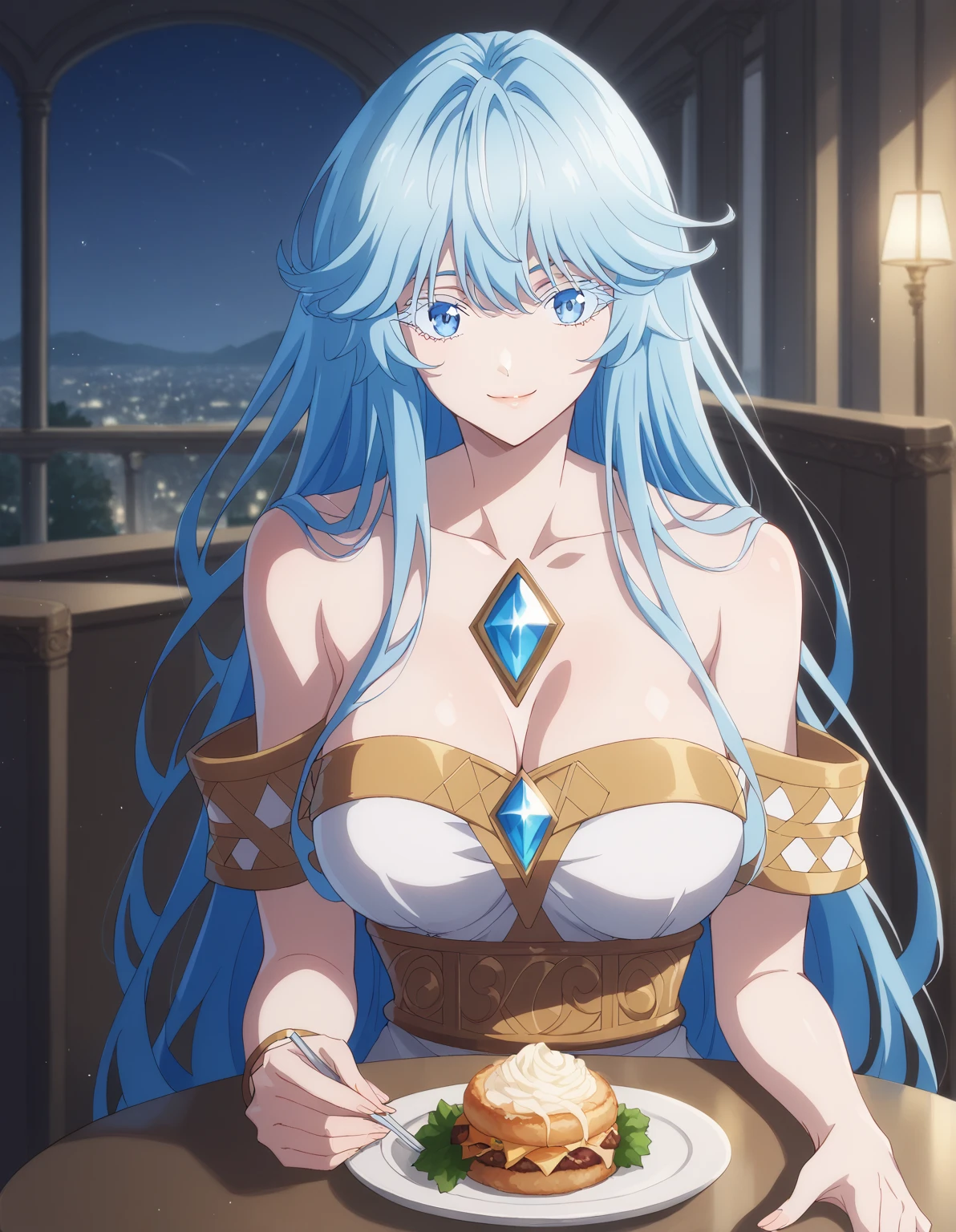 score_9, score_8_up, score_7_up, rating_safe, CONCEPT_PovDating_ownwaifu, solo,1girl,elfaria albis serfort, long hair, blue hair, blue eyes, colored eyelashes, sidelocks, medium breasts, looking at viewer, indoors, pov across table, sitting, upper body, chair, pov dating, Smile sweetly, night, restaurant, drinks, foods, dishes, luxurious dress, deep cleavage, bare shoulder