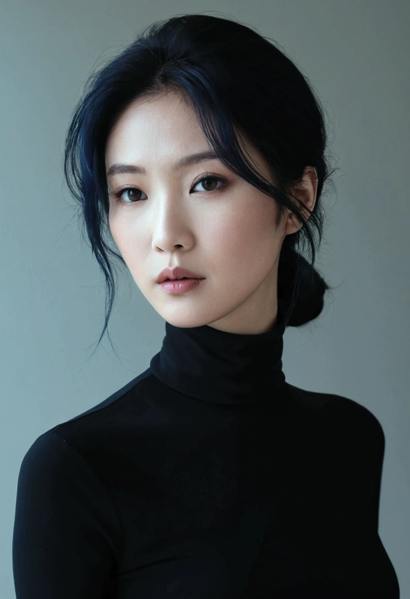 make a pretty Asian woman with dark blue hair look serious and dressed in a black turtleneck blouse