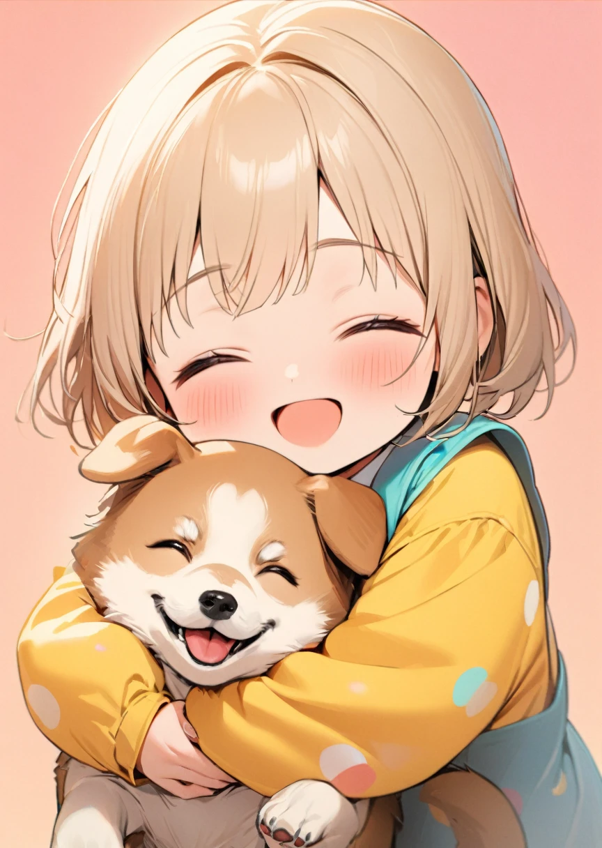 1girl, cute face, kindergarten, (closed eyes:1.1), open mouth, (happy mood:1.3), bright smile, hugging a cute dog, (simple background:1.3), vivid color, colorfull, (masterpiece:1.3), (best quality:1.2), anatomically correct, accurate,l2v