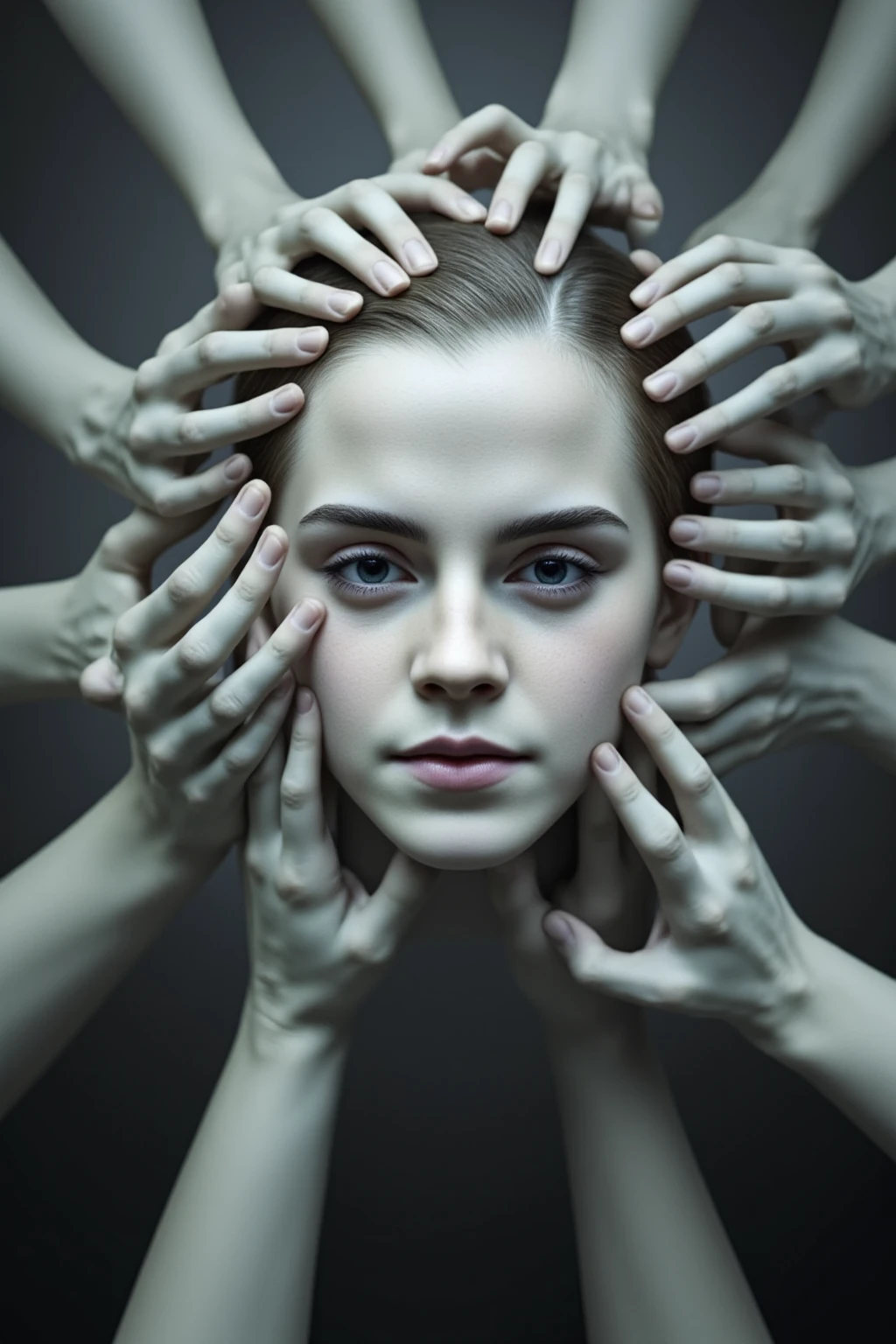 (masterpiece, best quality, high resolution), white zombie hands emerging from a singularity, Emma Watson's face looking at viewer, many hands touching outline of face, vortex, intricate detail, 8k, hdr