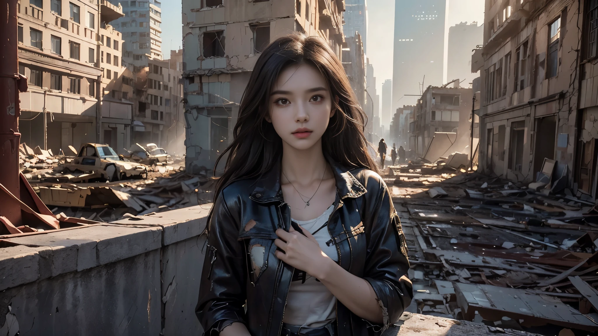 masterpiece, high res,8K,(Portrait Photos:1.5),(R Original Photo),Reality,Digital Photography,(Apocalyptic ruins ),City ruins，beautiful 20 year old woman，sentry， post-apocalyptic scene，Medium distance photography， torn clothes 