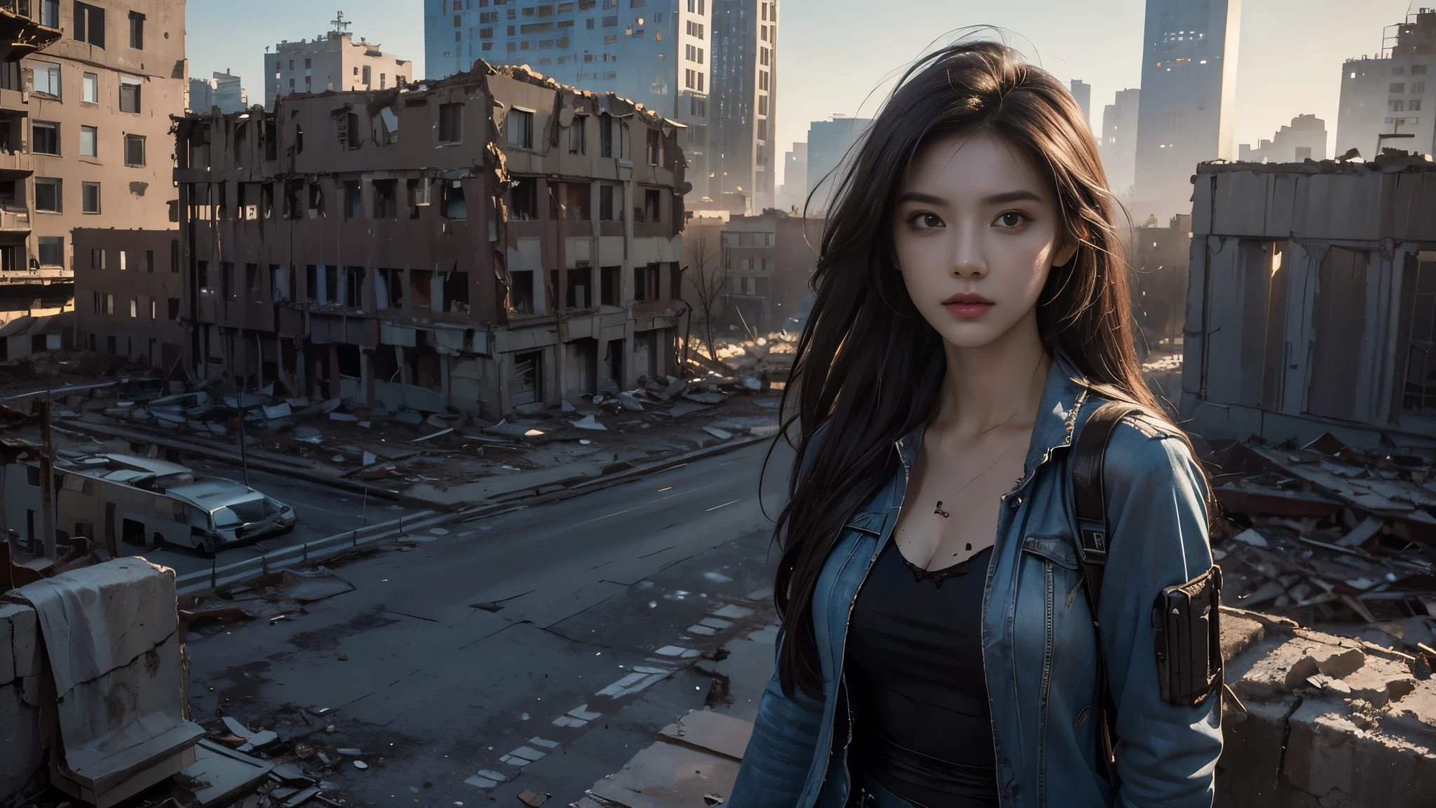 masterpiece, high res,8K,(Portrait Photos:1.5),(R Original Photo),Reality,Digital Photography,(Apocalyptic ruins ),City ruins，beautiful 20 year old woman，sentry， post-apocalyptic scene，Medium distance photography， torn clothes 