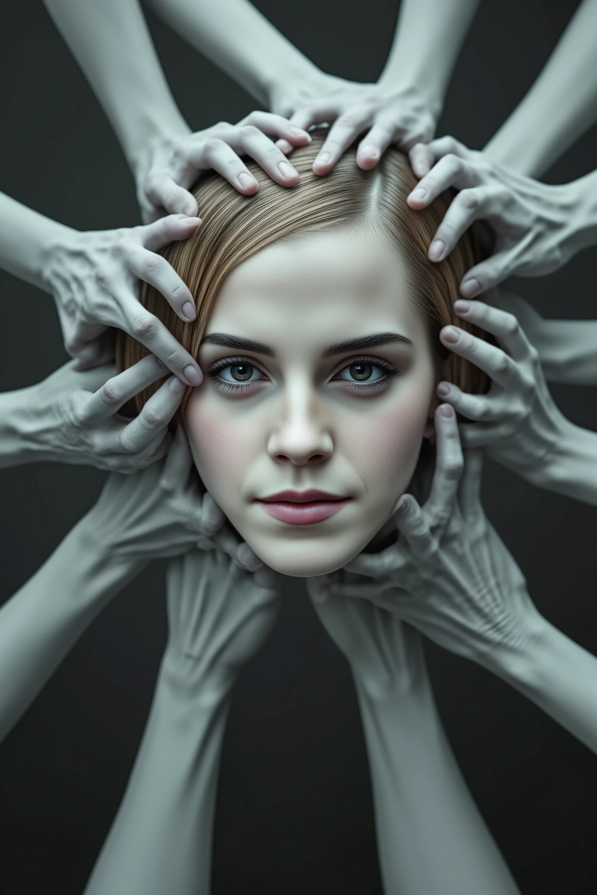 (masterpiece, best quality, high resolution), white zombie hands emerging from a singularity, Emma Watson's face looking at viewer, many hands touching outline of face, vortex, intricate detail, 8k, hdr