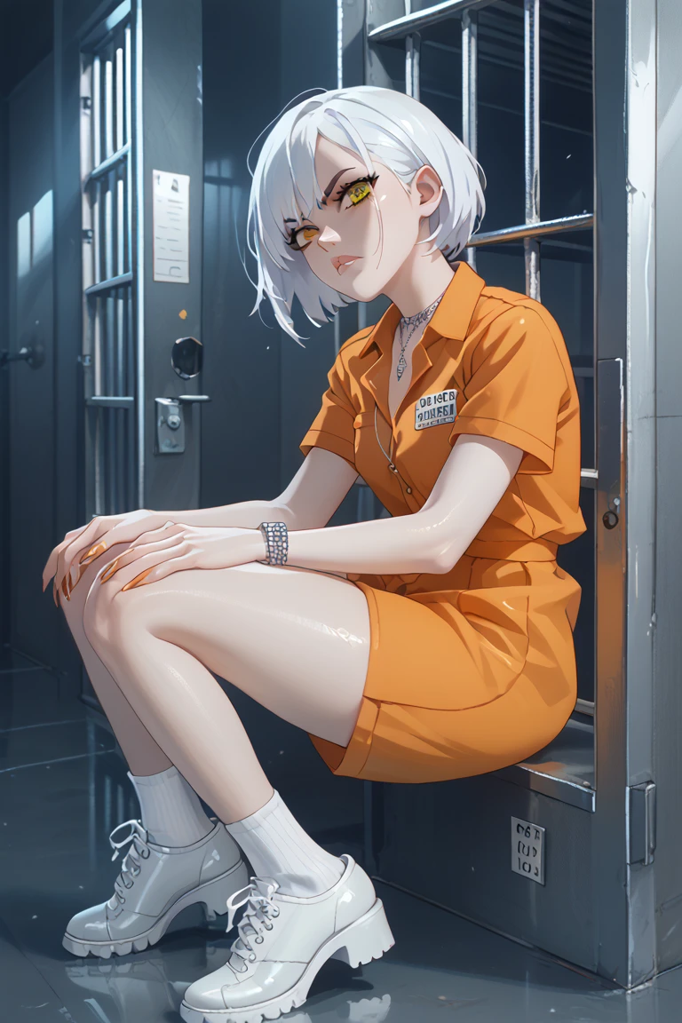  A girl with short bone white hair , orange eyes, prison clothes,  white shoes , pantalones blancos,  white short sleeve shirt , slim,  predatory look , serious face, Terrifying environment,  prison necklace around her neck color aluminum. Psychiatric hallway .