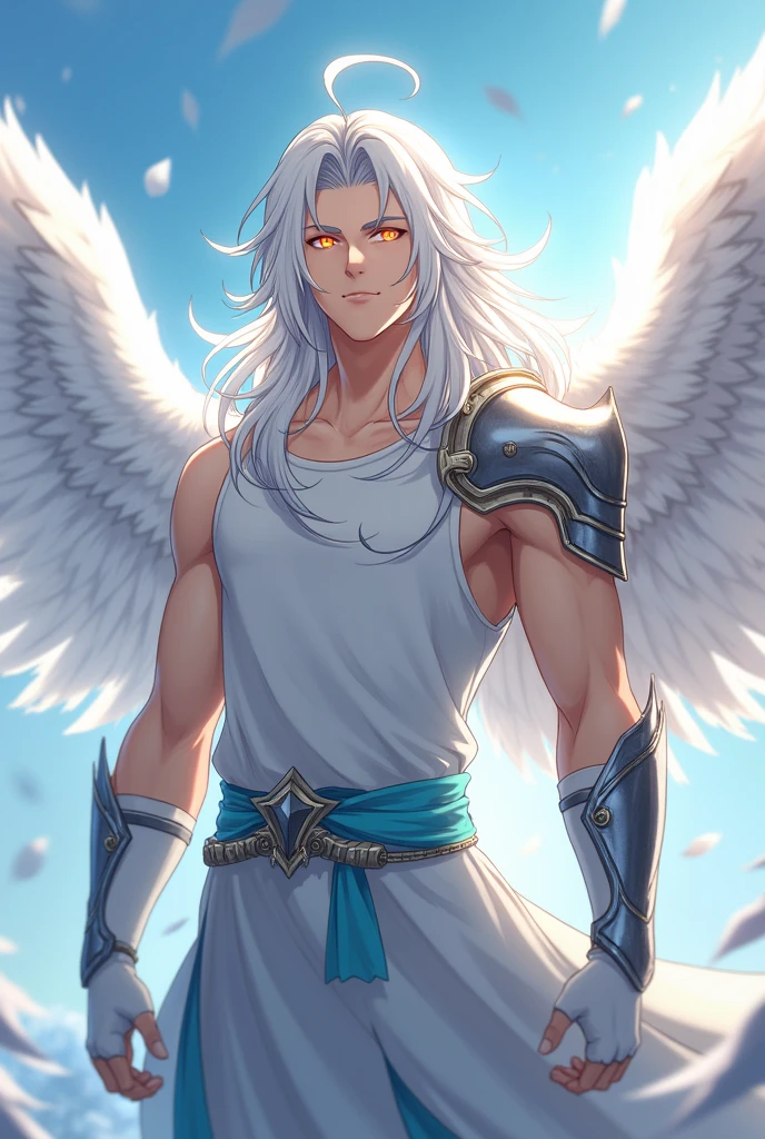((Masterpiece, Highest quality)), Male, boy, Detailed face, character design sheet， full bodyesbian, Full of details, frontal body view, back body view, Highly detailed, Depth, Many parts, angel wings, dark skin, white long hair, angel outfit, Muscle boy with white hair，handsome man, male angel , man tall, abs, pectoral muscle