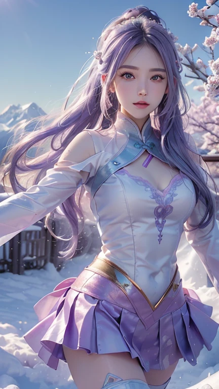 (logo、masterpiece、8k、table top、RAW photo、wonderful、最high quality、Photorealistic and very detailed CG integrated 8k wallpaper、high quality、very detailed、Narrative poem、particle effects、dynamic effects、Depth of text、movie light、Lens flare、ray tracing）、fantasy、（1 beauty、light purple hair、beautiful face、real face、detailed eyes、beautiful skin、woman dancing gracefully:1.7、woman dancing gracefully:1.7)、Hair fluttering in the wind、My hair is bouncing and dancing in the wind、Hair Jump、Light purple halter neck、Light purple leather pants suit、Light purple leather jacket、Silver Earrings、night、Wind、darkness、Snow and hoarfrost、Frozen Winter Day、snow-capped mountains and forests、hoarfrost、Snow-capped mountain々、The beauty and brilliance of frost-covered trees、Silent and beautiful grasslands in a world of ice and snow、vast land、Lakeside、wonderful view、Beautiful natural wind scenery、Night Sky、Wind、cherry blossoms、cherry blossomsの花びらが舞っている、cherry blossoms snowstorm、falling petals