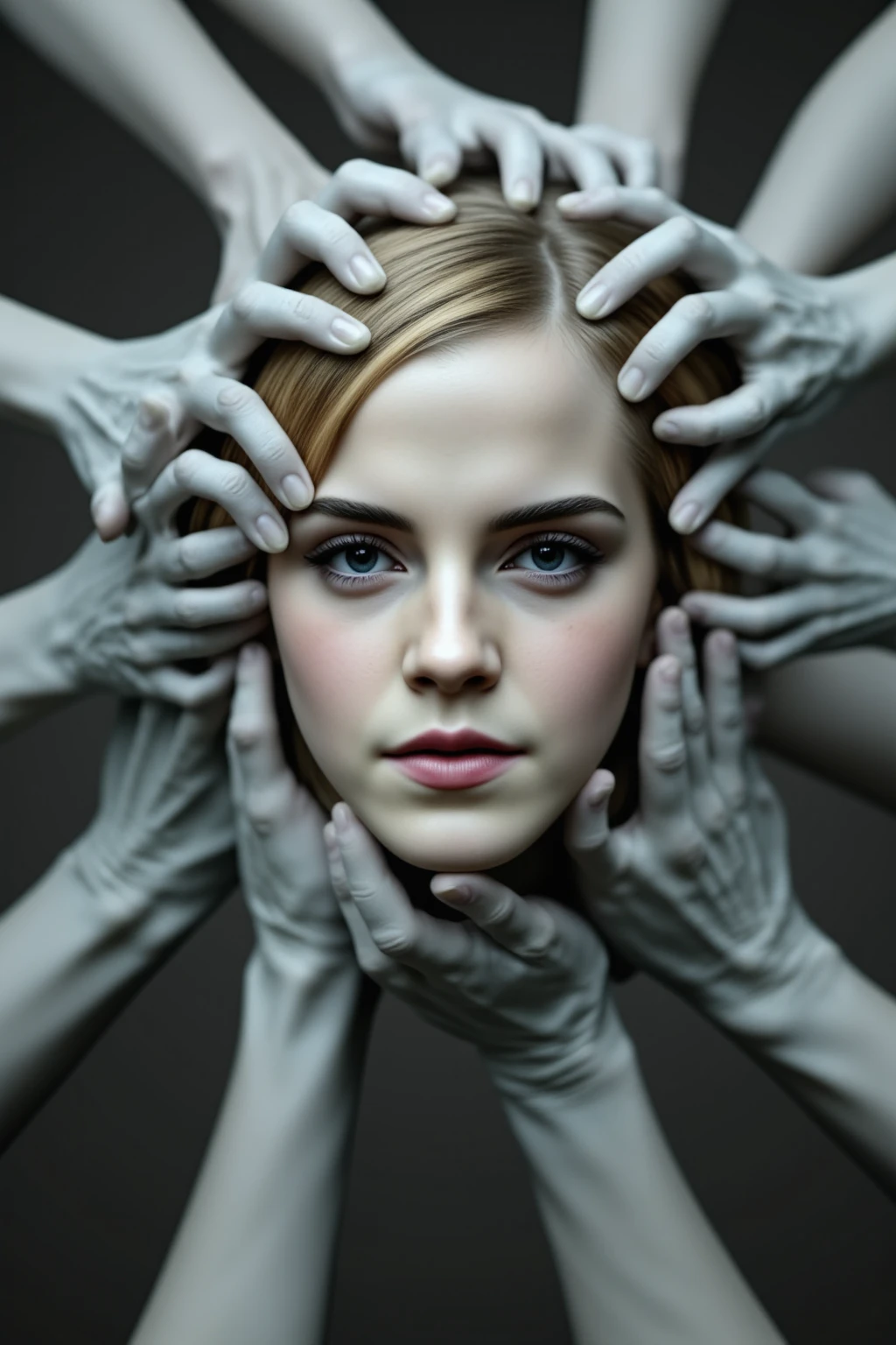 (masterpiece, best quality, high resolution), white zombie hands emerging from a singularity, Emma Watson's face looking at viewer, many hands touching back of head, vortex, intricate detail, 8k, hdr