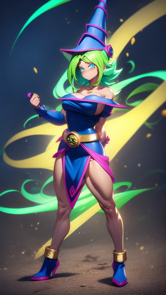 dbsuper style, 
Girl, green aura, super saiyan aura, belt, ocean-green colored hair, huge hair, bruise, bruise on face, clenched hands, frown, Mage's hat, gloves, blue eyes, grey gloves, evil grin, medium breasts, huge muscular, solo, spiked hair, super saiyan, super saiyan 4, mouth opened, furious, Dark Magician Girl cosplay, widow's preak
, ((masterpiece)) 
