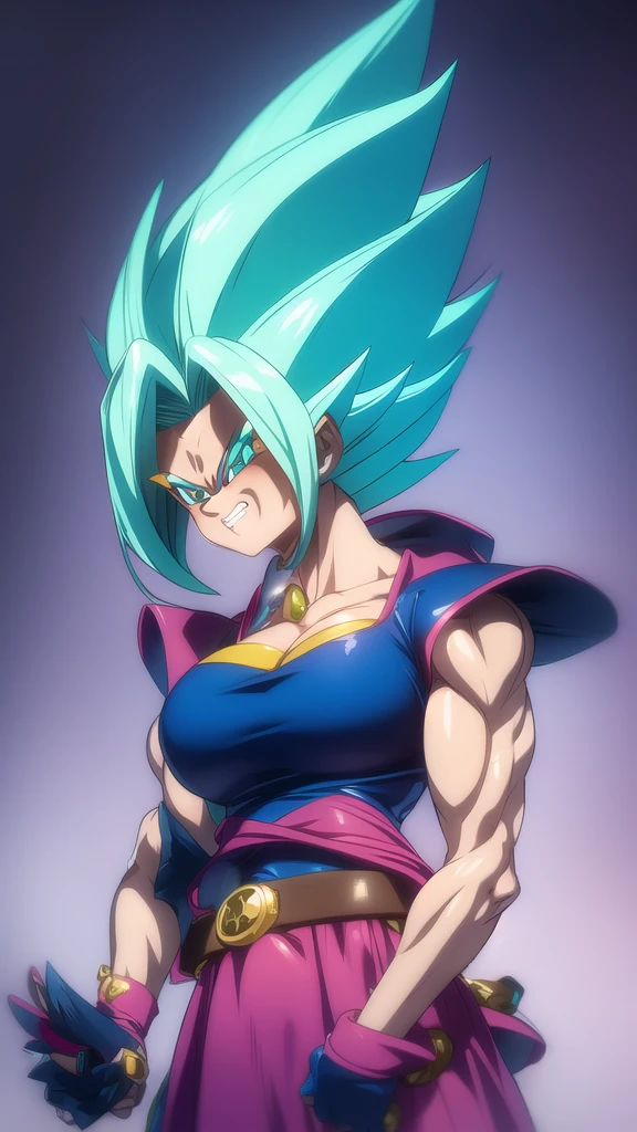 dbsuper style, 
Girl, green aura, super saiyan aura, belt, ocean-green colored hair, huge hair, bruise, bruise on face, clenched hands, frown, Mage's hat, gloves, blue eyes, grey gloves, evil grin, medium breasts, huge muscular, solo, spiked hair, super saiyan, super saiyan 4, mouth opened, furious, Dark Magician Girl cosplay, widow's preak
, ((masterpiece)) 
