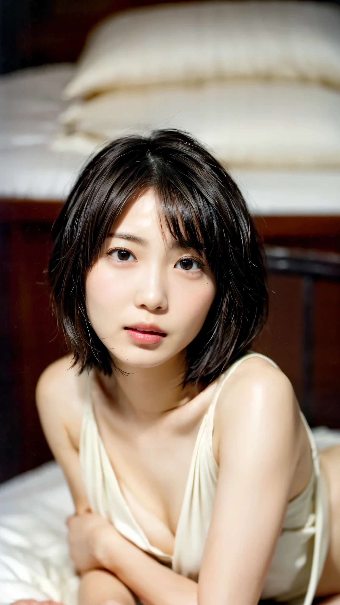 ((Age 30, Japanese, Transistor Glamour, Petite women, sensual women , Voluptuous women, no makeup in the coal mine, In the bedroom)), (Small hands, Full Body Portrait , beautiful black hair , short bob hair, Big Breasts , Completely naked, panties), White skin, Glossy pale lips, skinny, Body Type, delicate and sexy collarbone , please redeem , RAW photo, Realistic, face, Very Beautiful , cute, Depth of Written Boundary, high definition , 超 Details, Details, Very Details, extremely Details eye and face, sharp pupils, sharp concentration, Film Lighting