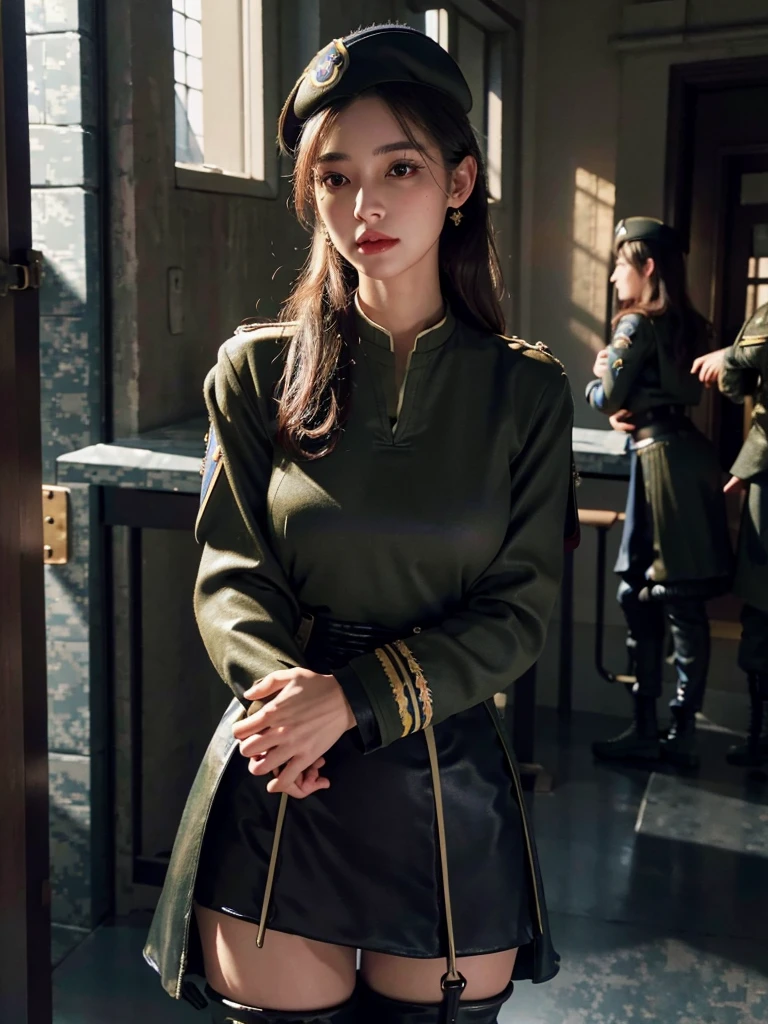 filmposter，Very detailed CG unity 8K wallpaper，（tmasterpiece），（best qualtiy），（ultra - detailed），（Ultra photo realsisim），（best character detail：1.36），Nikon D750 f / 1.4 55mm，profesional lighting， physically-based renderingt, 1girll, Female soldier，army suit，Green military uniform，Fabric texture military uniform，Pure white lining，Dark green tie，bucket-hat，Black hair，the golden ratio,[:(com rosto detalhado:1.2):0.2]:,PureErosFace_V1, broad shoulder,(Bigchest:1.5),(big assa:1.5)，Soaked with sweat，Place your hands on your chest，red flags，At the cafe，Night Street，bright sun，upper body photos，Face the audience head-on，Flag of China，A bright smile，White teeth，lighting，Contre-Jour，