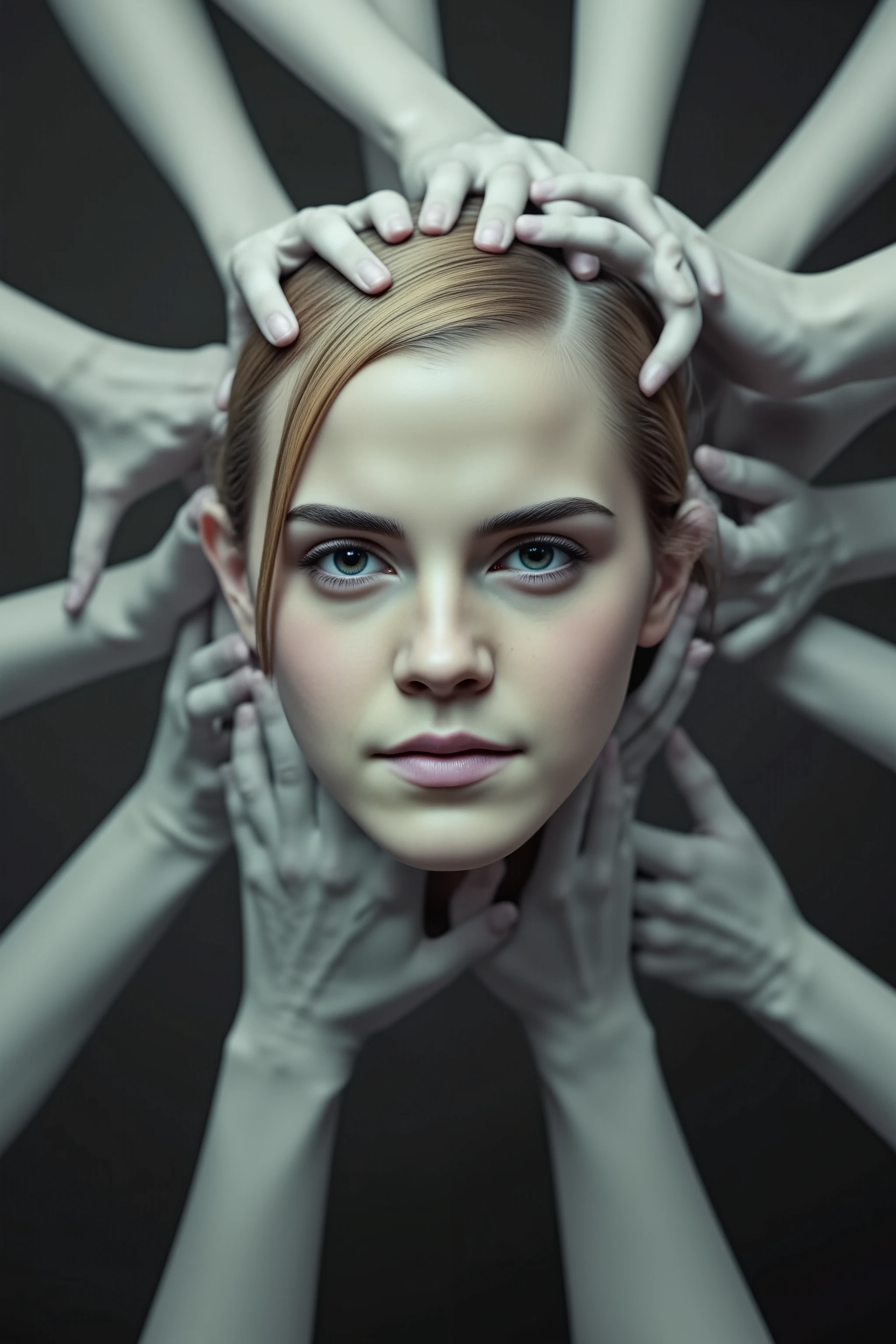 (masterpiece, best quality, high resolution), white zombie hands emerging from a singularity, Emma Watson's face looking at viewer, many hands touching back of head, vortex, intricate detail, 8k, hdr