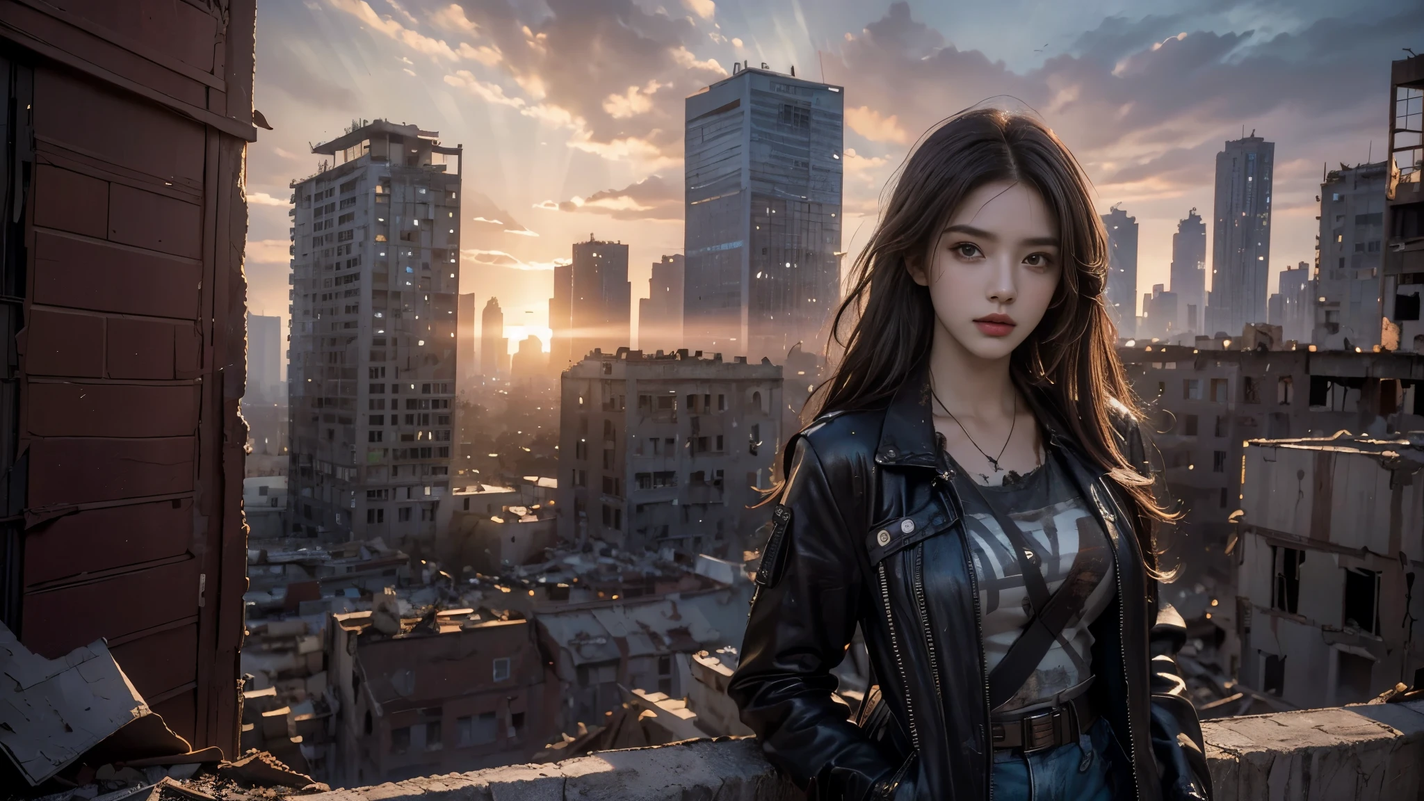 masterpiece, high res,8K,(Portrait Photos:1.5),(R Original Photo),Reality,Digital Photography,(Apocalyptic ruins ),City ruins，beautiful 20 year old woman，sentry， post-apocalyptic scene，Medium distance photography， torn clothes 