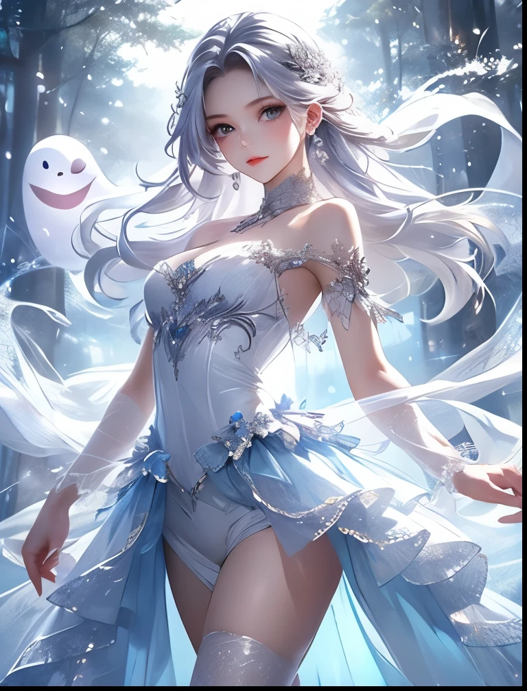 wood, Exquisite mini ice spikes and crystals, Frozen waterfall in the background, Light reflected by ice crystals, Flowing snowflakes.Beautiful woman、Gray Hair、pretty girl,2.5D illustration,Beautiful cleavage、Graceful dancing woman、Beautiful woman looking back、Sideboob