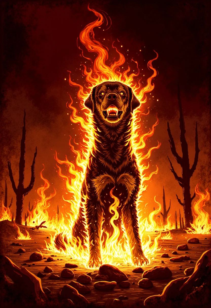 onfire, Abaddog with dark-brown off-white and red color palette
