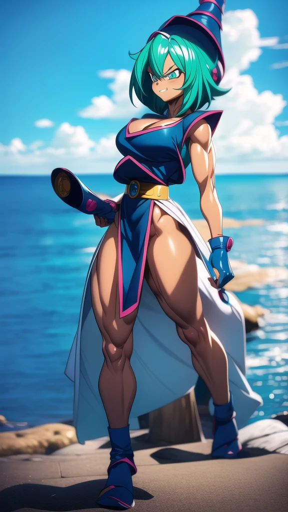 dbsuper style, 
Girl, green aura, super saiyan aura, belt, ocean-green colored hair, huge hair, bruise, bruise on face, clenched hands, frown, Mage's hat, gloves, blue eyes, grey gloves, evil grin, medium breasts, huge muscular, solo, spiked hair, super saiyan, super saiyan 4, mouth opened, furious, Dark Magician Girl cosplay, widow's preak
, ((masterpiece)) 
