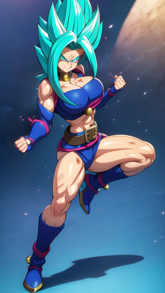 dbsuper style, 
Girl, green aura, super saiyan aura, belt, ocean-green colored hair, huge hair, bruise, bruise on face, clenched hands, frown, Mage's hat, gloves, blue eyes, grey gloves, evil grin, medium breasts, huge muscular, solo, spiked hair, super saiyan, super saiyan 4, mouth opened, furious, Dark Magician Girl cosplay, widow's preak
, ((masterpiece)) 
