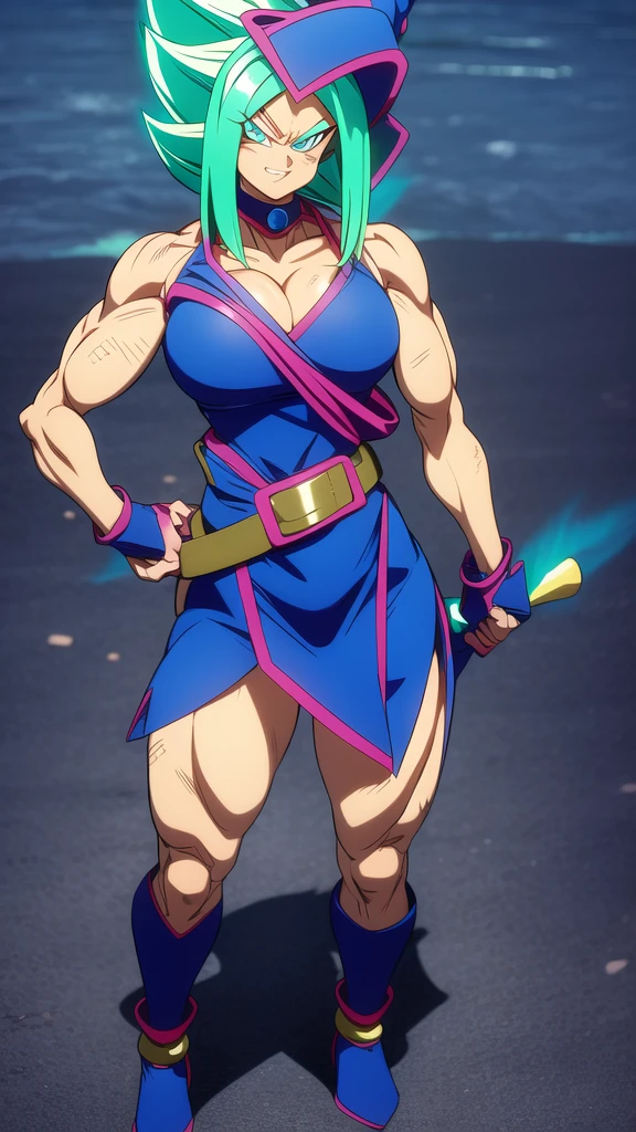 dbsuper style, 
Girl, green aura, super saiyan aura, belt, ocean-green colored hair, huge hair, bruise, bruise on face, clenched hands, frown, Mage's hat, gloves, blue eyes, grey gloves, evil grin, medium breasts, huge muscular, solo, spiked hair, super saiyan, super saiyan 4, mouth opened, furious, Dark Magician Girl cosplay, widow's preak
, ((masterpiece)) 
