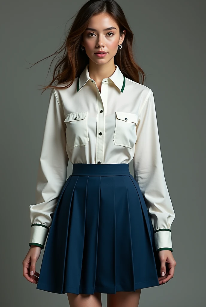 (masterpiece, Highest quality, Very detailed, Beautiful details in the eyes, Clean and delicate face), 1. Female, alone, From below, (whole body, Are standing), Single braided brown ponytail, Parted bangs, amount, blue eyes, smile, White short sleeve shirt, Mini Check Skirt, thigh, Black thigh-high stockings, Platform boots, Simple color background