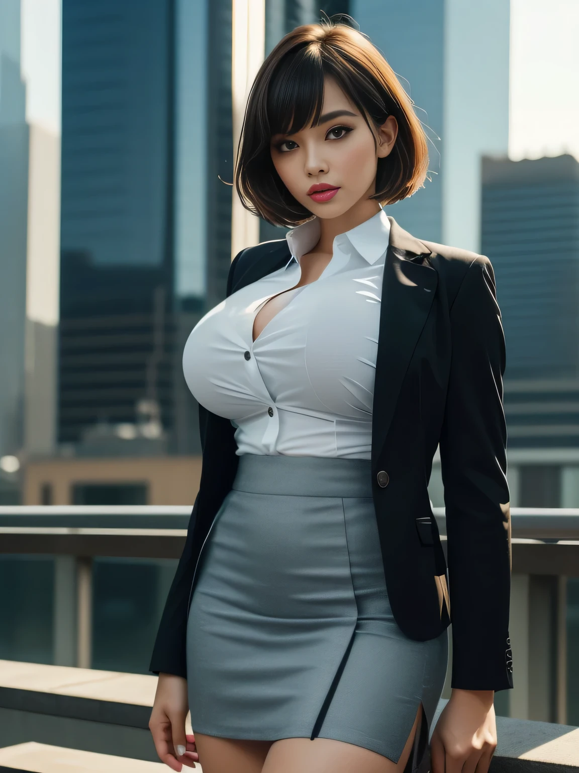 Tight-fitting business shirt, Just-fitting short sleeve, High-waist pencil skirt, (Shirt tucked into skirt:1.5), (Wearing a business Jacket on top:1.3), Office district, Skyscrapers in the background, Daytime, Sunshine,,
8K Quality, (High Resolution:1.5), (Realistic photo:1.5), (Raw photo:1.5), (Extremely detailed photo), (White balance:1.1), Absolute masterpiece,
(Looking at the viewer:1.3), Staring, Standing,
(Big breasts:1.2), (Lip make-up), Glossy skin, Bangs, Short wavy bob, Ultra pretty girl