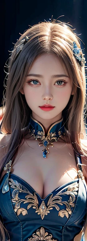 (Highest quality,Very detailed,Photorealistic:1.37), Very beautiful eyes, Bright and vibrant colors,Studio Lighting, Playful expressions, Very fine grain,Realistic, High resolution,masterpiece,Highest quality,Very detailed, 1 Female, blue eyes, alone, Lift your chest