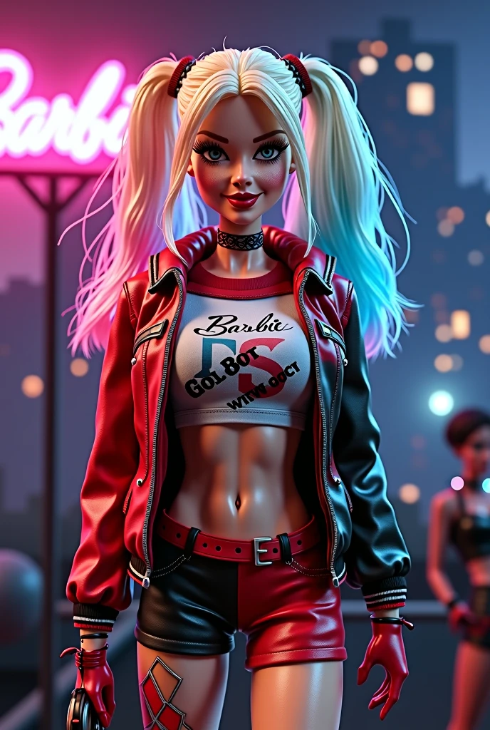 (Magazine, Photoshoot, DOF, F/2.8, Ultra-HD, extreme detail,detailed face and eyes), ([Harley Quinn:0.75]:0.8), margot-robbie-subject, 1girl, solo, fashion, blonde hair, twintails, short shorts, pantyhose, crop top, makeup, midriff, navel, fishnets, multicolored clothes, multicolored hair, collar, abstract geometric background,medium shot, magazine cover, cover art, illustration, studio shot, choker, earrings, eyelashes, eyeshadow, lips, lipstick, jewelry, makeup, nose, parted lips,standing, navel, <lora:harleyQuinnNewStyleLora_v1:0.9>