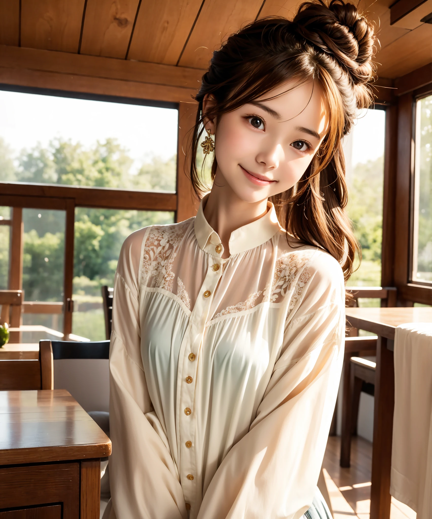  pretty girl , bun hair, brown hair,delicate,smile,masterpiece,field, long-sleeved blouse 