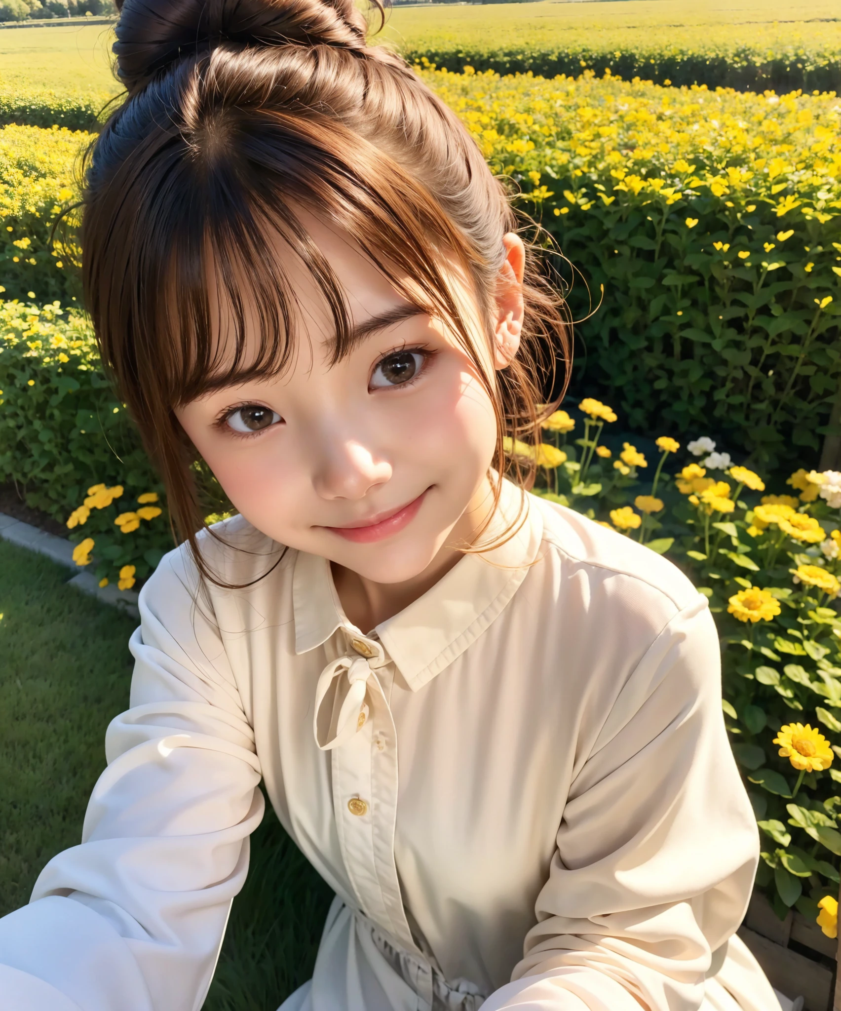  pretty girl , bun hair, brown hair,delicate,smile,masterpiece,field, long-sleeved blouse 