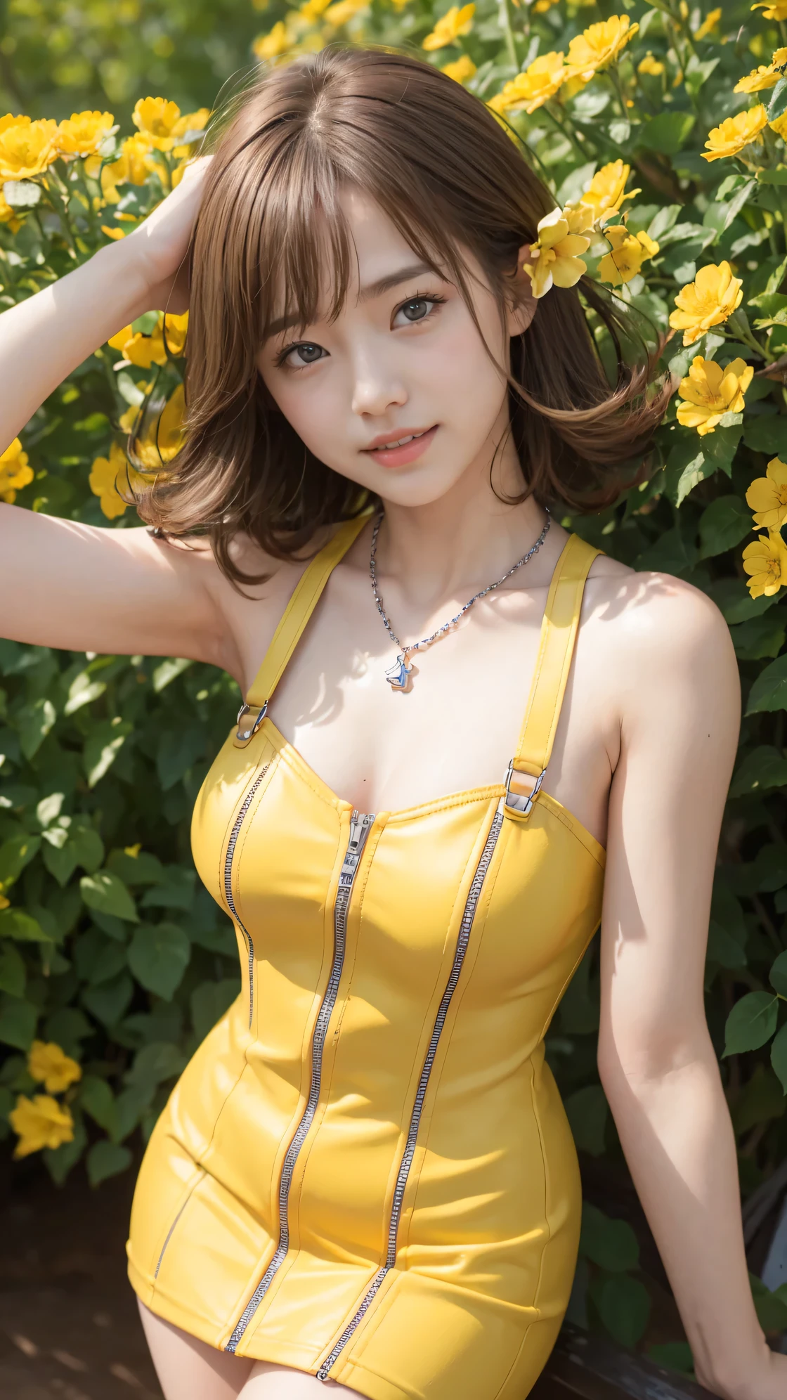 (smile:1.2).Ultra-high resolution、(masterpiece:1.3), (8k, Best image quality: 1.4)、 (Real:1.4)、One beautiful woman、Beautifully detailed eyes and skin、Hair swaying in the wind、Small Bust、yellow flowers are blooming、、photo realistic:1.2,(Realistic: 1.4), RAW Photo, Best Quality,  ultra realistic,detailed, 16 K , Film type light, potrait photography、
,(reality:1.4)、( super realistic )、(High resolution)、 ( facial ultra-high density skin)、( very detailed、Super detailed),((detailed face,  professional photography)), ((sfw,selphie, Necklaces.yellow dress, boots. extra flipped hair:1.4, short hair,   1 Girl)), 