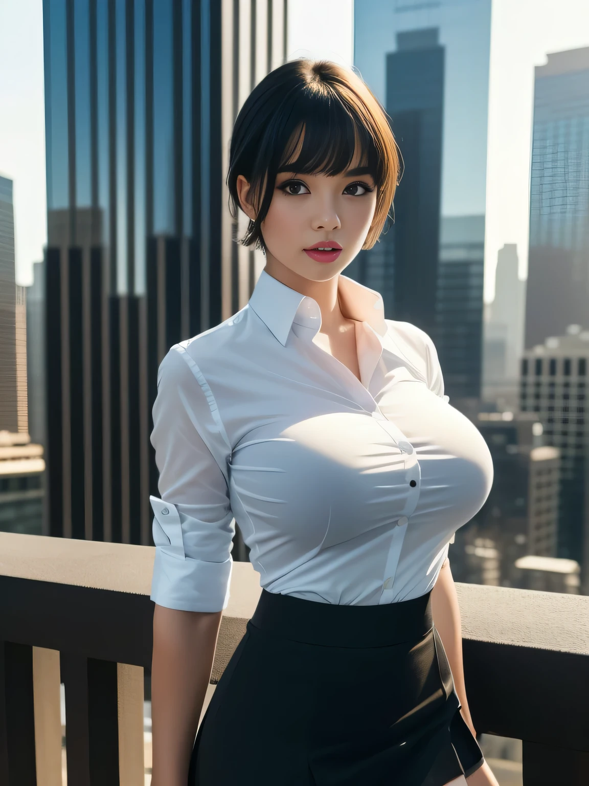 Tight-fitting business shirt, Just-fitting short sleeve, High-waist pencil skirt, (Shirt tucked into skirt:1.5), (Wearing a business Jacket on top:1.3), Office district, Skyscrapers in the background, Daytime, Sunshine,,
8K Quality, (High Resolution:1.5), (Realistic photo:1.5), (Raw photo:1.5), (Extremely detailed photo), (White balance:1.2), Absolute masterpiece,
(Looking at the viewer:1.3), Staring, Standing,
(Big breasts:1.2), (Lip make-up), Glossy skin, Bangs, Short wavy bob, Ultra pretty girl