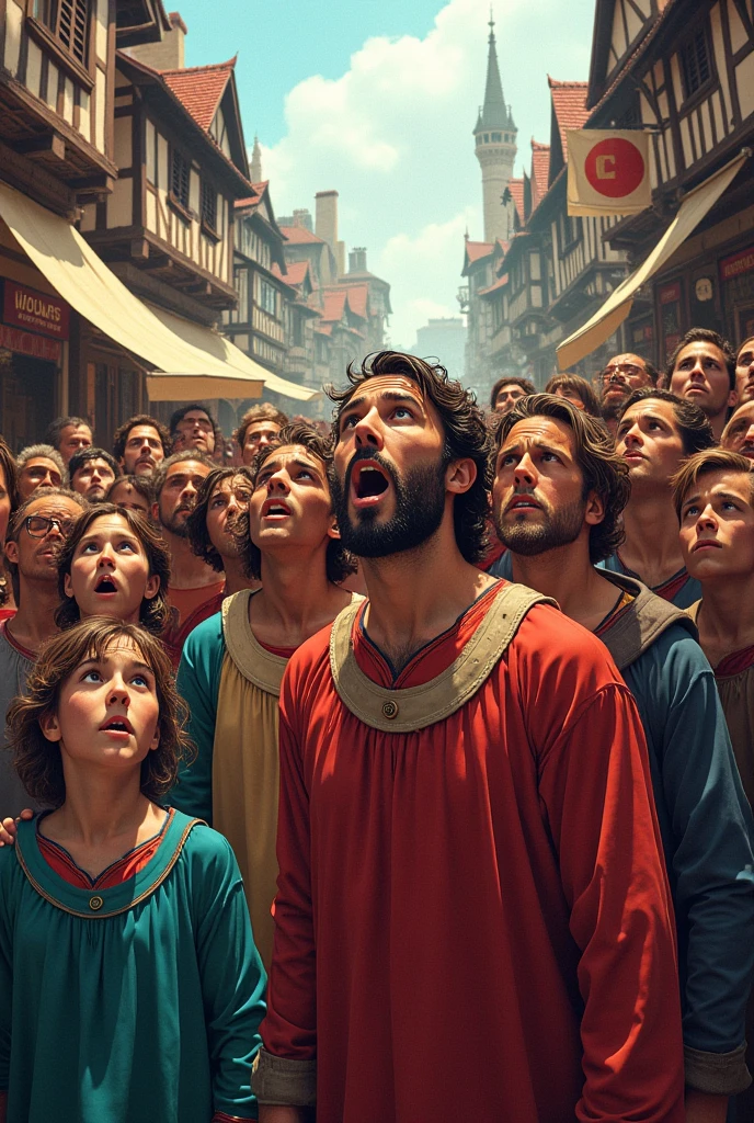Make 10 Hebrew men and a young Hebrew boy all of them with surprised face looking at the camera inside in a Egyptian palace