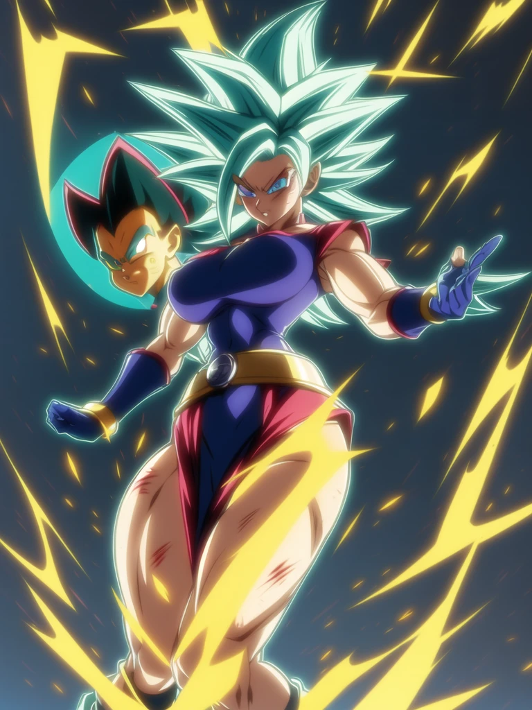 dbsuper style, 
Girl, green aura, super saiyan aura, belt, ocean-green colored hair, huge hair, bruise, bruise on face, clenched hands, frown, Mage's hat, gloves, blue eyes, grey gloves, evil grin, medium breasts, huge muscular, solo, spiked hair, super saiyan, super saiyan 4, mouth opened, furious,  Magician clothes, widow's preak
, ((masterpiece)) 
