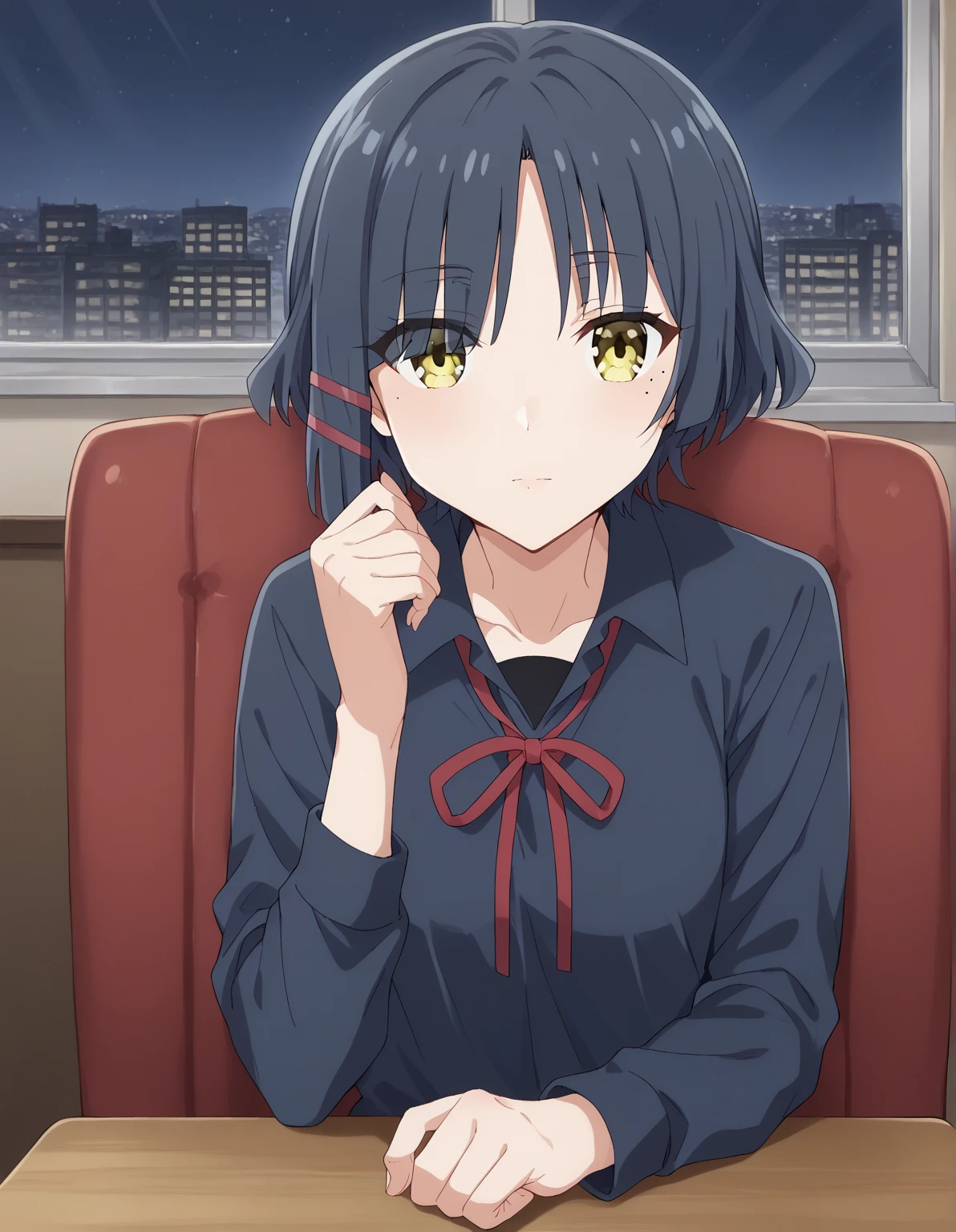 score_9, score_8_up, score_7_up, rating_safe, CONCEPT_PovDating_ownwaifu, solo, 1girlryou yamada, black hair, eyes visible through hair, mole, mole under eye, short hair, yellow eyes, hairpins, looking at viewer, indoors, pov across table, sitting, upper body, chair, pov dating, smiles sweetly, night, restaurant, school shirt, withe shirt, red ribbon, camisa blanca,