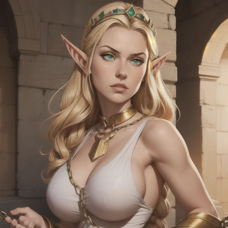 a female elf, waist shot, narrow face, elegant, wearing a sapphire necklace, white lightweight dress with straps, looking to the camera, extremely detailed, digital painting, artstation, concept art, smooth, sharp focus, figure, artgerm, greg rutkowski, art by alphonse mucha, 8k, volumetric fog, bloom, light, lumen, cinematic crank blur