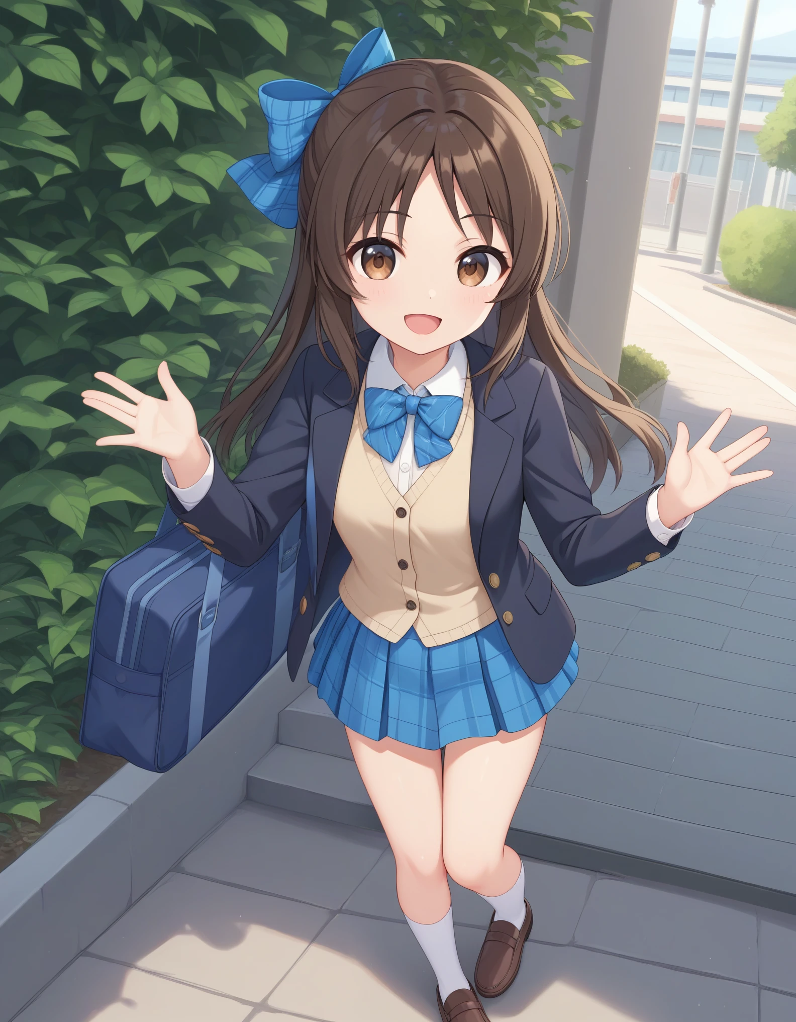 best quality,masterpiece,   4k, best quality 
1girl, solo,tachibana arisu, brown hair, brown eyes, long hair, blue hair ribbon, bang, dark brown blazer, tan color vest , white collared shirt, blue bowtie, blue plaid skirt, opened jacket, white socks, brown shoes,hair bow, smile, opened mouth, Outdoor, standing, holding school bag, blue bag