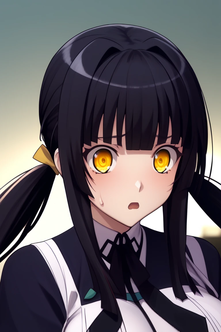 nsfw,nude,best quality, masterpiece, highres, score_9, score_8_up, score_7_up, source_anime,high school dxd,nurakami,dark brown hair,(( medium hair)), ((twin tails)),hair ribbon,yellow ribbon, yellow eyes,(( shocked)),(((blunt bangs))), yo,big breasts,Worn out,( torn clothes),white simple background, 