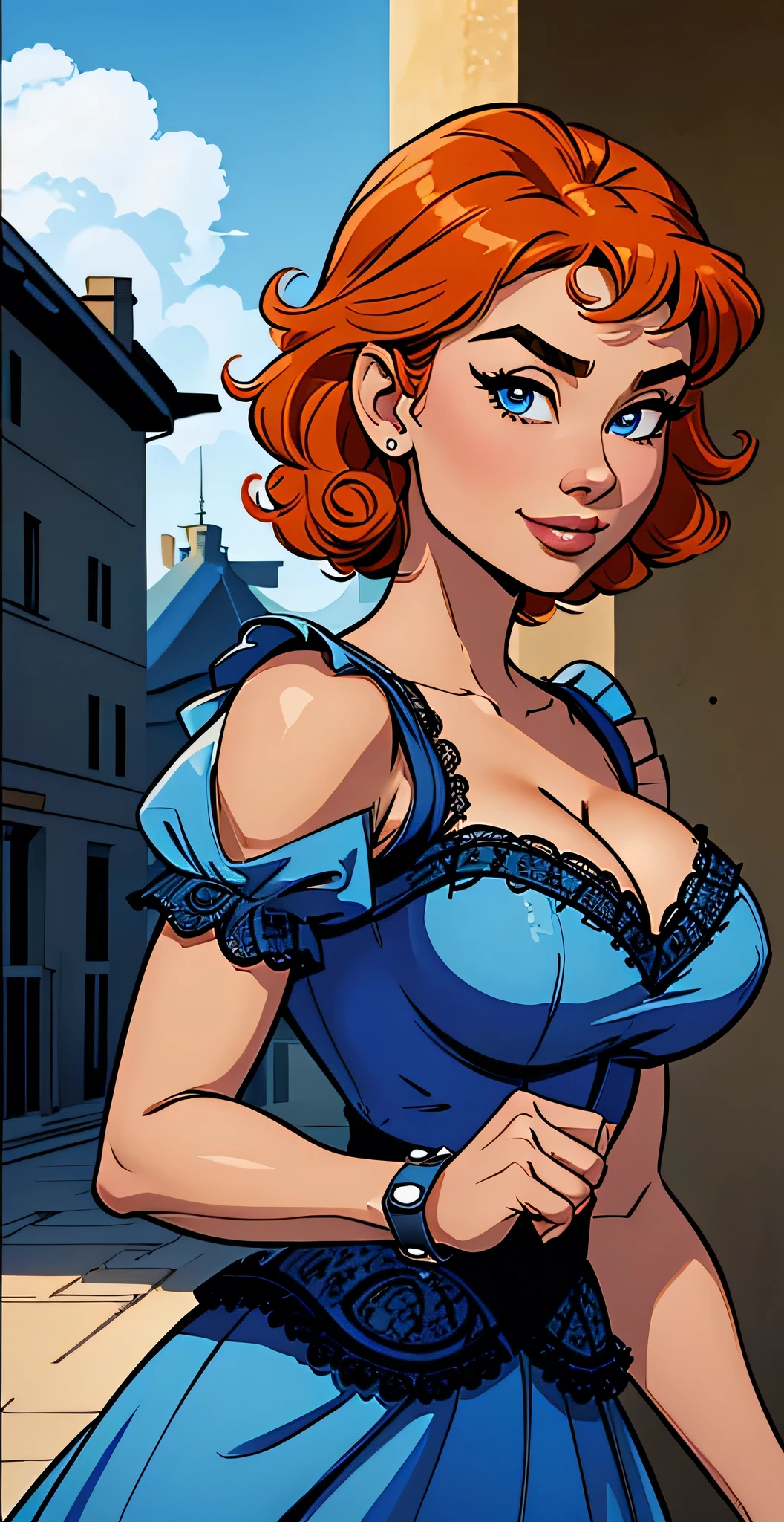( Absurd, HD , ultra detailed, watch out for your hand ) close up of a thin and athletic woman , 25 years, 8k (( high definition )), cute smile, seductive look, blue eyes, wearing long blue dress (( with V-neck and lacy cuff and short puffy sleeves )), black belt, arms positioned on the sides of her body, white pele, orange hair (( short and curly )), standing (( upper body )), curvilínea e com sardas no pescoço e nos breasts, breasts (( big and round )). Marvel style (( hq )), Sunny day in the background .