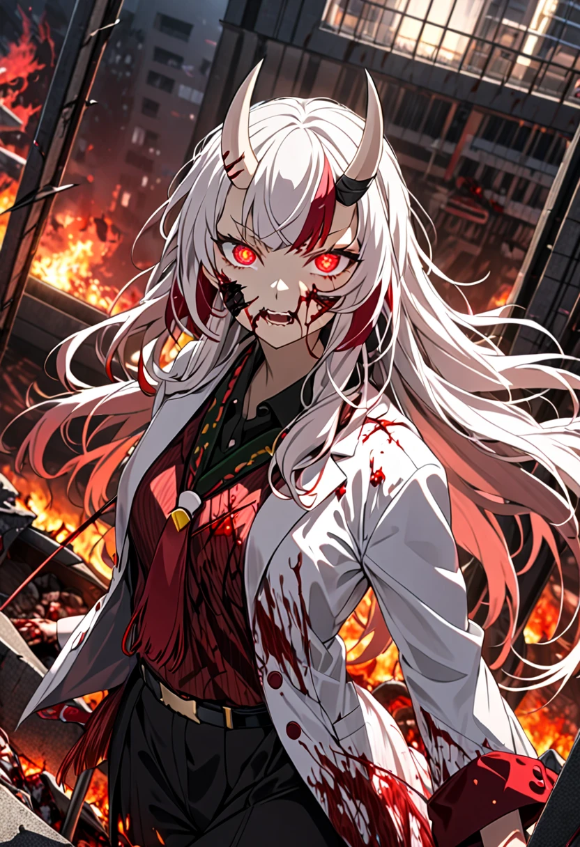 8K Ultra High-Quality, ultra-detailed, High quality, Nakiri ayame, white oni horns, long hair, office suit, glowing eyes, gore, wounded face, blooded face, open wounds, exposed flesh, close up, full body, side view, looking at viewer, burning background