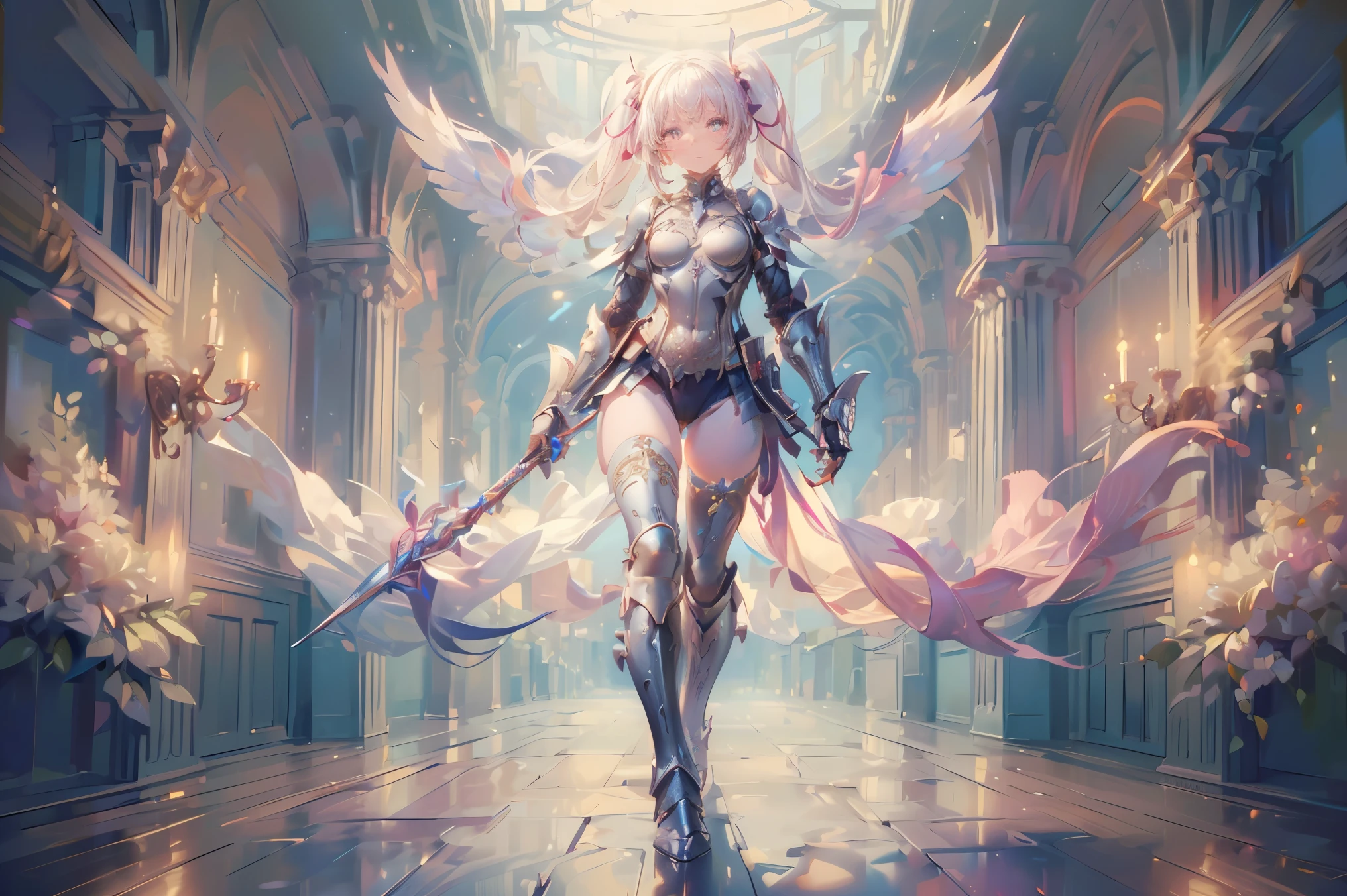 (((Best quality, 8k, Masterpiece: 1.3)), ((best quality)), ((masterpiece)), (detailed), perfect face, perfect body, (detailed skin:1.3), (intricate details), Full body armor, gauntlets, long spears, vividly colored wings, White hair, pigtails, pink ribbon tied around the pigtails