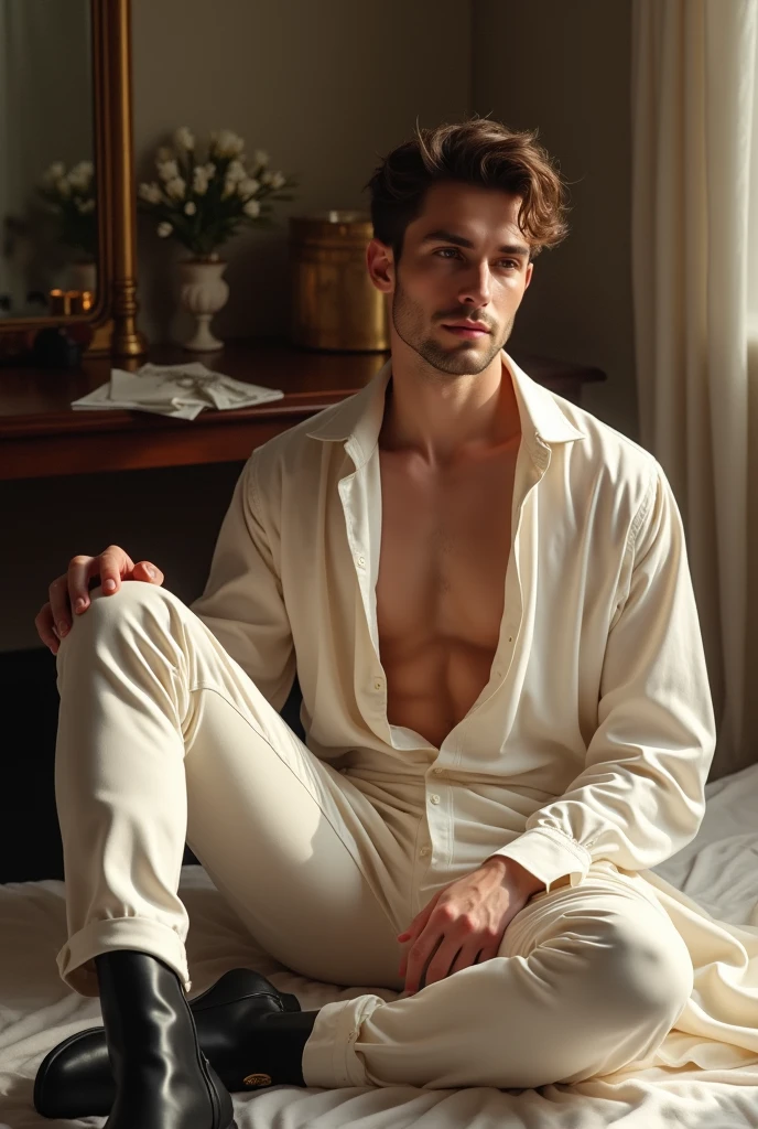 (photorealism:1.2), young man, sitting on bed, wearing loose cultivation dress,, very short spikey boyish hair, indoors, soft lighting, plants in background, window with sunlight, cozy room, relaxed pose, realistic, intricate details, warm colors, by Greg Rutkowski, by Alphonse Mucha, wide hips , long legs, thick thighs, large feminine hips, thin and narrow weist, leggings , hot man 