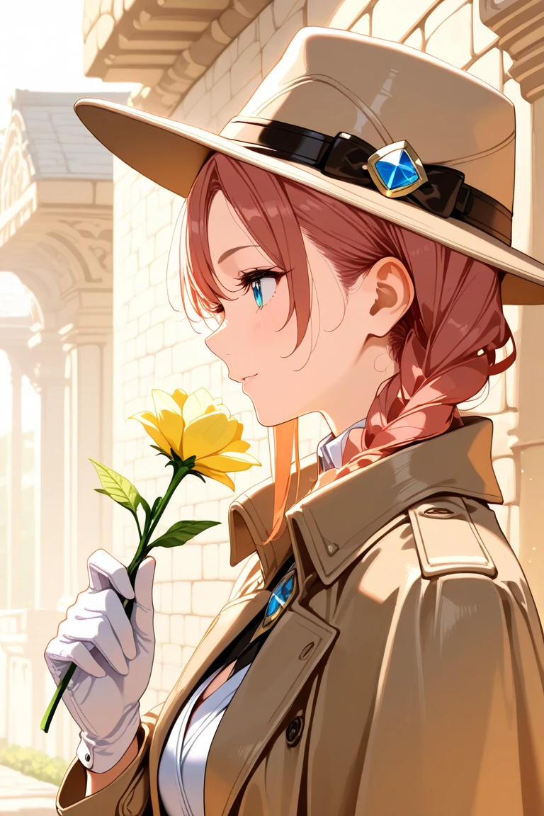 1girl,side view, trace_coat , close up, hat,white_gloves,holding flower,wall,