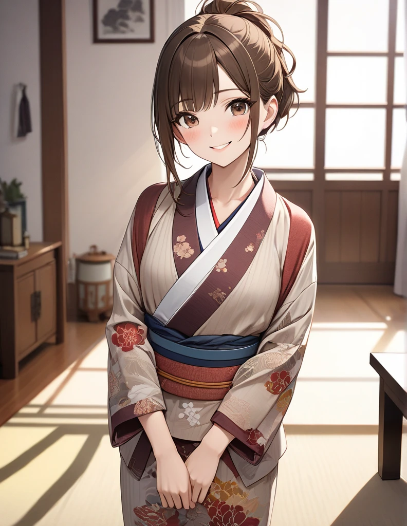 (masterpiece),( best quality),( Very detailed),( Best Illustration),( vest shadow ),(  disorganized ),( Very Beautiful ), 20-year-old woman、
Brown Hair、 Brown Eyes 、kimono,Long-sleeved kimono、 living room 、 Background Blurred , whole body、 real skin, small breasts、blush、smile、 short ponytail,  from the front、