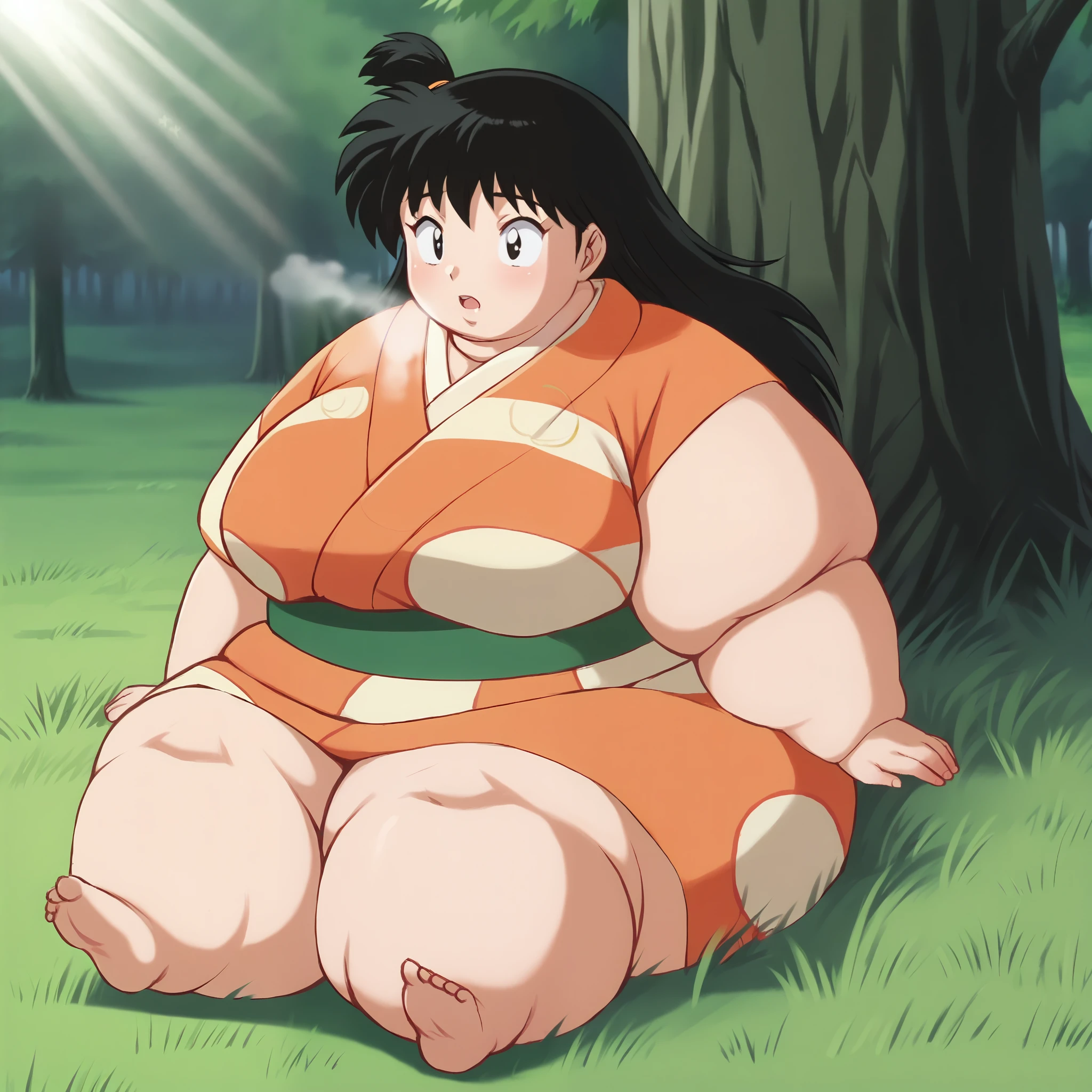 score_9, solo, rin_inuyasha, black hair, long hair, side ponytail, kimono, cute, sitting, grass, tree, natural lighting fat, chubby, obese, gigantic arms and legs, large breasts open mouth, out of breath