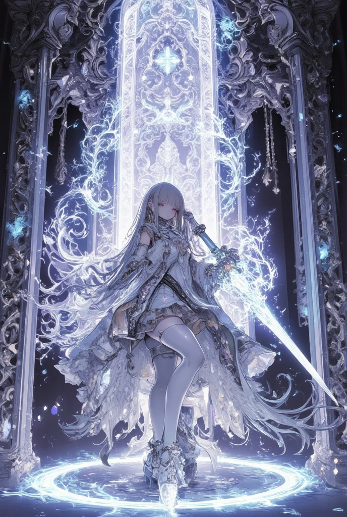 1girl, full body,full length, high heels, frill skirt, look at me, white long hair, kawaii anime, soft color, glow sword,glowing,illusion light,bright,photon mapping,global illumination, translucent,volumetric light, energy burst,,,,,,,,,,,,sword,japanese katana,In a world where technology meets spirituality, a luminous celestial being bathes in a holographic aura of rainbow light, radiating a sense of otherworldly beauty. The image is a digital hologram projected against gorgeous room background, creating a striking contrast. Its ethereal presence is highlighted by intricate metallic filigree patterns that seem to dance and shift with every movement. The details are so incredibly vivid and realistic that it feels as if the divine entity could step out of the screen at any moment. The overall effect is mesmerizing, drawing viewers into a realm of awe-inspiring wonder and magic, gorgeouos room,