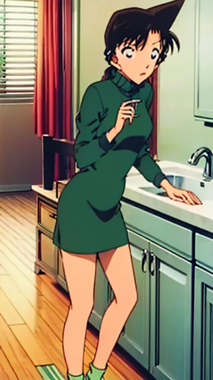 green one-piece dress,turtleneck green mini skirt, {light green cropped mini  jacket},{light green cropped mini jacket},green socks,loafers,wash basin ,Look at the kitchen, 