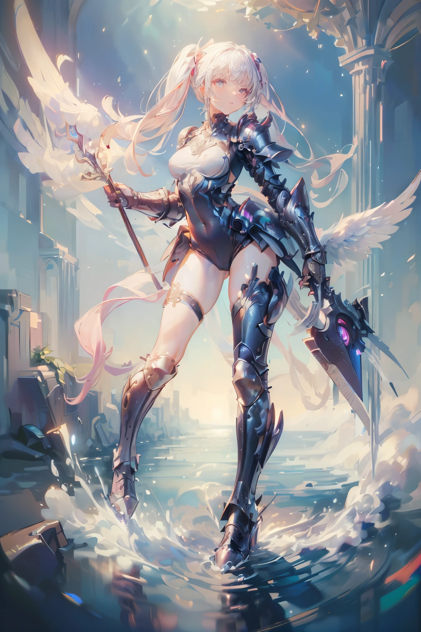 (((Best quality, 8k, Masterpiece: 1.3)), ((best quality)), ((masterpiece)), (detailed), perfect face, perfect body, (detailed skin:1.3), (intricate details), Full body armor, gauntlets, long spears, vividly colored wings, White hair, pigtails, pink ribbon tied around the pigtails